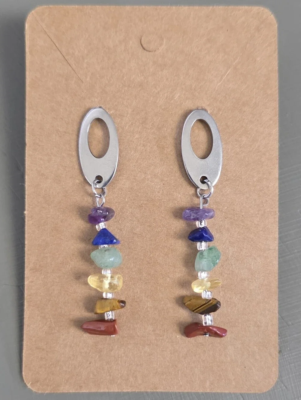 Multi-Color Chakra Beaded Drop Earrings - Silver Tone